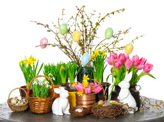 spring flowers with easter bunny and eggs decoration