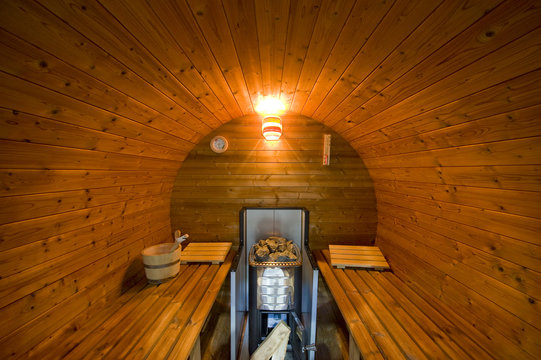 new round sauna made of wood, rusically