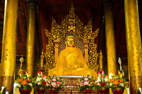Vintage golden buddha statue image in Phayao Temple Thailand