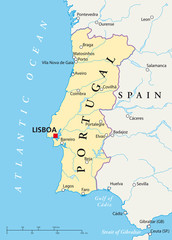 Spain political map with the capital Madrid, national borders, most important cities, rivers and lakes. English labeling and scale. Illustration. Vector.