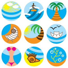 vacation on beach icons vector set