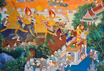 Ancient Thai mural on Buddhist temple wall, Thailand