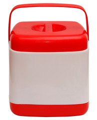 Water bottle red and white background.