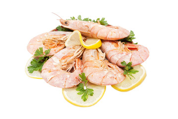 appetizing tiger shrimps with lemon slice and parsley