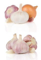 garlics and onion isolated on white