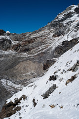 Mountains and snow viewed from Renjo pass in Himalayas