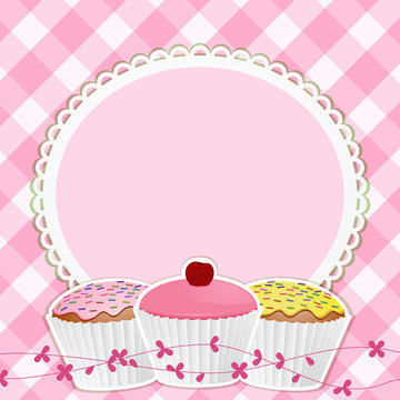 Cupcakes And Border On Pink Gingham
