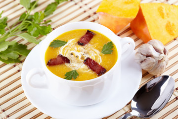 Pumpkin soup with smoked bacon