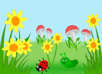Fotobehang Bloemen, paddenstoelen, een lieveheersbeestje en een rups. © unnibente