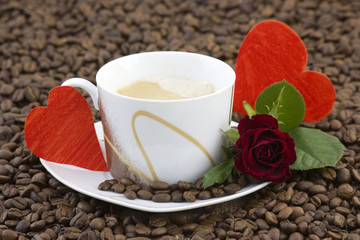 cup of coffee, red rose and hearts