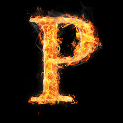 Fonts and symbols in fire on black background - P