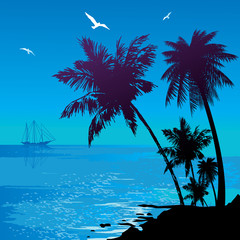 Naklejka na ściany i meble Silhouette of the jungle on the ocean background.