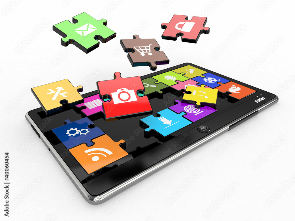 Poster tablet pc software. screen from puzzle with icons.