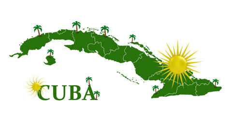 Map of Cuba with the sun and palm trees