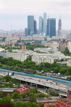 panorama of Moscow City complex of skyscrapers at gray day