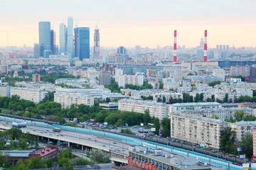 Moscow City complex, pipes and panorama of Moscow at dull day