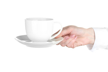 Woman hand with cup of coffee isolated on white