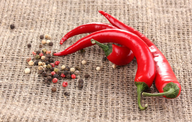 Red hot chili peppers on sackcloth