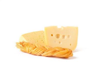 Different types of cheese on white