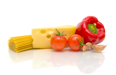 Pasta, cheese and vegetables on white background