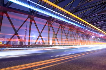 Acrylic prints Highway at night light trails through the garden bridge in shanghai
