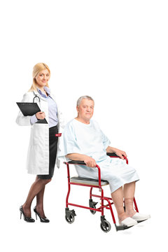 Nurse or doctor posing next to a patient in a wheelchair