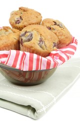 cherry muffins in striped napkin