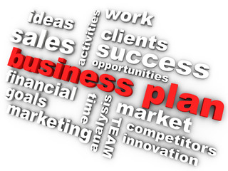 business plan in red surrounded by relevant words