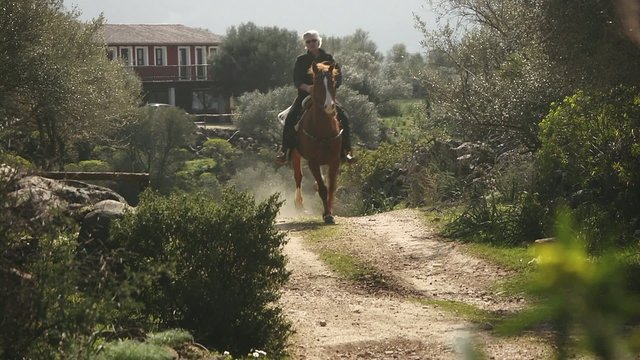Old man riding a galloping horse in farm