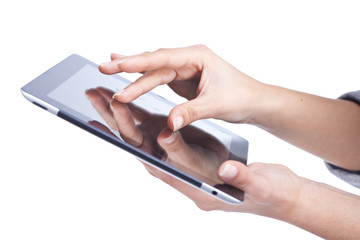 hands holding and point on modern electronic digital frame with