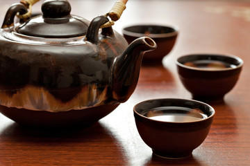 cup of tea and teapot, wooden desk