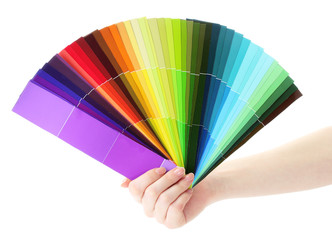 hand holding bright palette of colors isolated on white