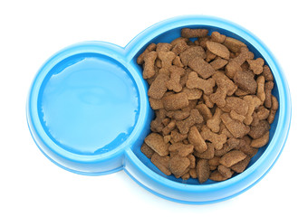 dry dog food and water in blue bowl isolated on white