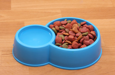 dry dog food and water in blue bowl on the floor