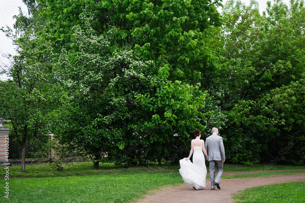 Wall mural bride and groom walking together