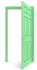The door. Open Green door. White background. Copy space.