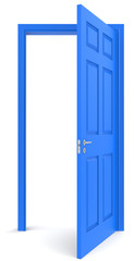 The door. Open Blue door. White background. Copy space.
