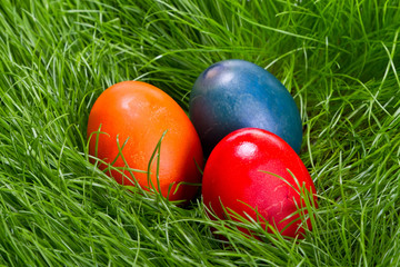 Colorful painted easter eggs in the grass