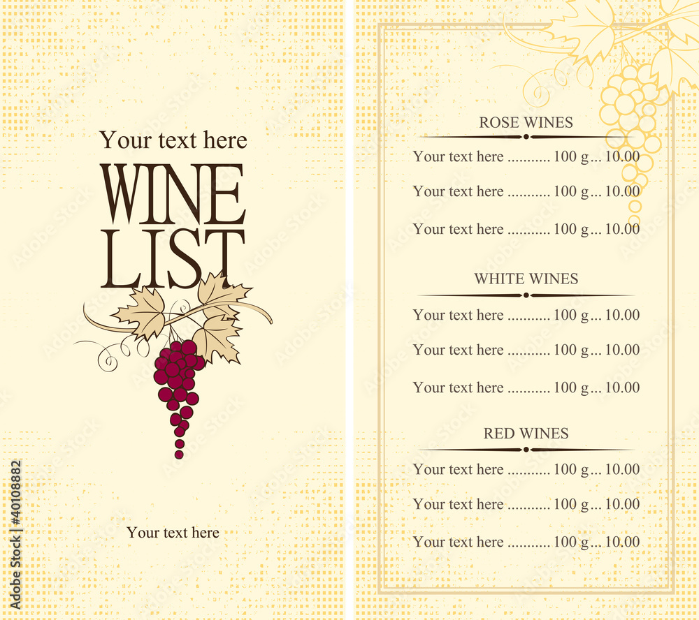 Poster menu wine list with grape vine
