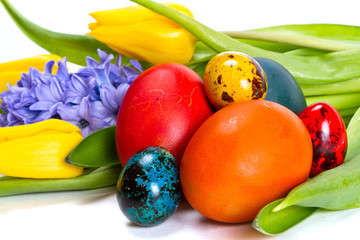 Colorful painted easter eggs with spring flowers