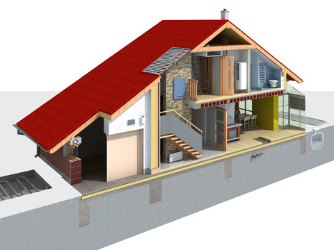 Detailed rendering of a traditional house in the section