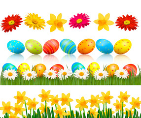 Big Easter set with traditional eggs and  flowers  Vector