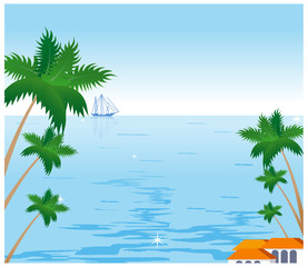 Fototapeta na wymiar Coconut palm tree and sailboat on tropical beach