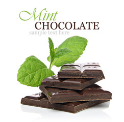 Mint chocolate concept with chocolate pieces and fresh mint