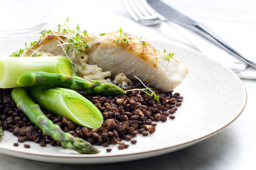 butterfish with green lentils, leek and green asparagus