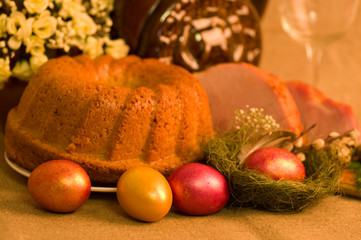 Easter cake and pork loin dish with easter eggs