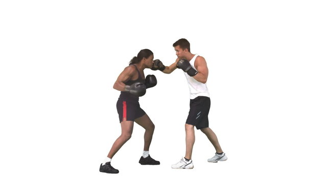 Two men sparring together with gloves in slow motion