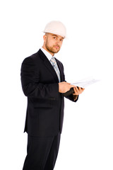 Engineer in the helmet on a white background