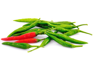 red and green hot chilli peppers isolated on white