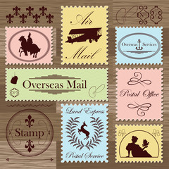Vintage postage stamps and elements illustration collection